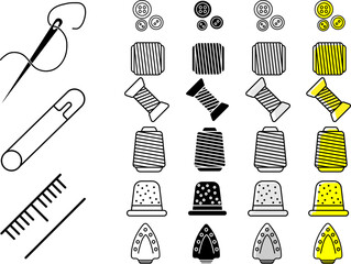 Sewing icons set, different sewing supplies, neddle, pin, measuring tape, spools of thread, thimble, button, iron, decoration elements