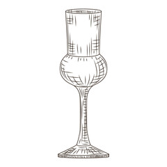 Empty glass schnapps engraved style isolated on white background. Vintage sketch black outline close up.
