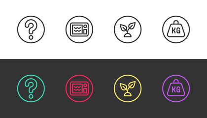 Set line Unknown search, Microwave oven, Plant based and Weight on black and white. Vector