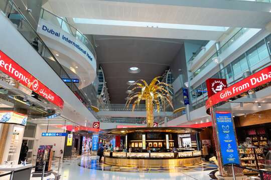 Dubai, UAE - September 2021: Dubai International Airport architecture and interior in Dubai, United Arab Emirates. Dubai Airport is one of the world's busiest airport.