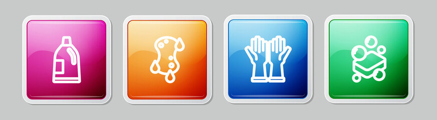 Set line Bottle for cleaning agent, Sponge, Rubber gloves and Bar of soap. Colorful square button. Vector