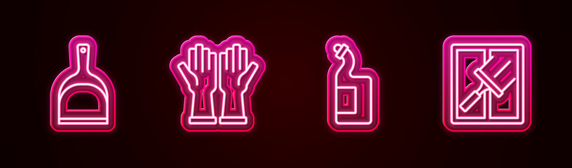 Set line Dustpan, Rubber gloves, Dishwashing liquid bottle and cleaner for windows. Glowing neon icon. Vector