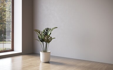 Fototapeta na wymiar Empty room white walls with beautiful plants sideways on the floor. 3d rendering 