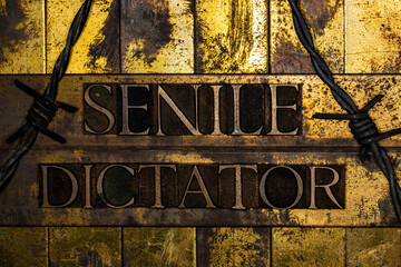 Senile Dictator text message on textured grungy copper and gold backgroundn with barbed wire
