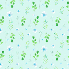 Seamless watercolor pattern. Seamless design with blue flowers and greenery on colored background