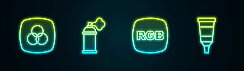 Set line RGB and CMYK color mixing, Paint spray can, and Tube with paint palette. Glowing neon icon. Vector