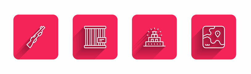 Set line Hunting gun, Animal cage, Chichen Itza Mayan and Africa safari map with long shadow. Red square button. Vector