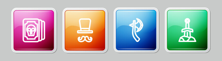 Obraz premium Set line Tarot cards, Magician, Wooden axe and Sword in the stone. Colorful square button. Vector