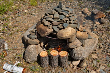 Russia. Chita region. The initial stage of preparing a hiking bath 