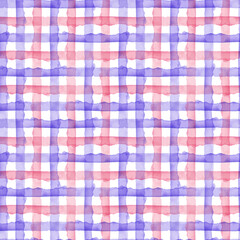 Watercolor Pink Blue Check Geometric Seamless Pattern Background. Plaid in Watercolour Color. Hand Painted Simple Design with Stripes.