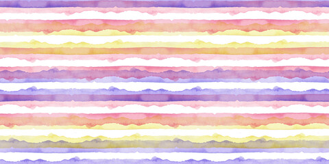 Watercolor Abstract Yellow Pink Blue Stripes Background. Cool Seamless Pattern for Fabric Textile and Paper. Simple Hand Painted Stripe