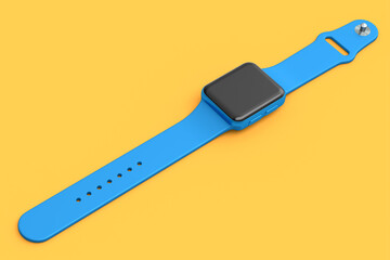 Stainless blue smart watch or fitness tracker isolated on orange background.
