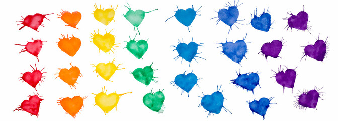 Multicolored hearts painted in watercolor on a white background.
