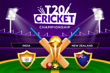 T20 Cricket Championship concept India vs New Zealand match header or banner with cricket ball, bat and winning trophy on stadium background.