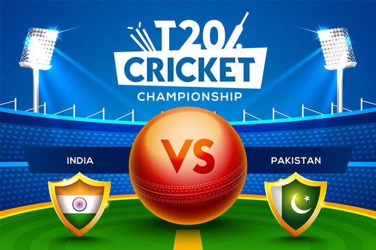 T20 Cricket Championship concept India vs Pakistan match header or banner with cricket ball on stadium background.