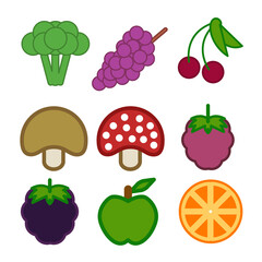 Isolated Set of Simple vector fruits and vegetables and berries
