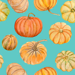 Watercolor pumpkins fall seamless pattern. It is perfect for thanksgiving cards or posters