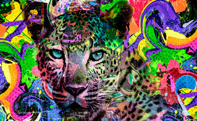 Leopard head with creative colorful abstract elements on light background