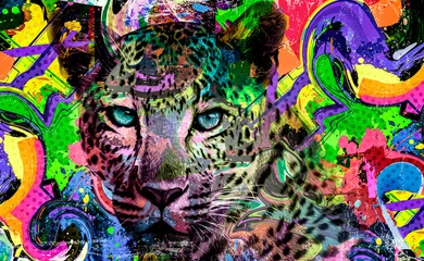 Fototapeten Leopardenkopf mit kreativen bunten abstrakten Elementen auf hellem Hintergrund © reznik_val