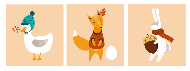Illustration set autumn cards with cute cartoon forest animals
