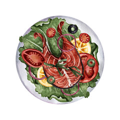 Fototapeta premium Watercolor illustration of a restaurant dish. Red fish steak with vegetables and lemon on a plate. Great for restaurants, cafes, bars, menu design, stickers, and more