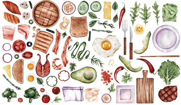 A set of useful products in a watercolor style. Fish meat, vegetables, bread, bacon, tomatoes, peppers. A set of healthy food for stickers, menus, prints, etc.