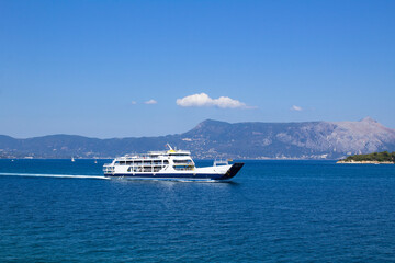 Panoramic view to the sea and yacht on the sunny day. Corfu. Greece.