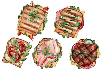 Set of watercolor sandwiches with meat, eggs, fish and vegetables. Healthy food. Vegetarian sandwiches. Fitness food with avacado and cereal bread. Suitable for menus, restaurants, cafes, bars, etc.