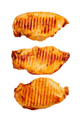 three grilled chicken breasts isolated on white