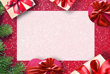 Fir branch with Christmas decorations on pink background. Holiday concept.