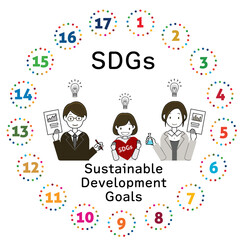 SDGｓに対する取り組みやアイデアと、行政や市民、企業の連携をイメージしたイラスト