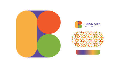 Bold Rounded Multicolored Font Logo Using Letter B for Nursery, Preschool, Playful fun Lettering, Business Brand with pattern and gradient using colours red, yellow, blue, green