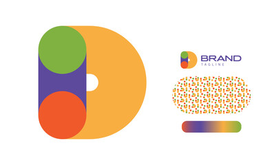Bold Rounded Multicolored Font Logo Using Letter D for Nursery, Preschool, Playful fun Lettering, Business Brand with pattern and gradient using colours red, yellow, blue, green