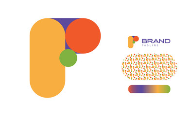 Bold Rounded Multicolored Font Logo Using Letter F for Nursery, Preschool, Playful fun Lettering, Business Brand with pattern and gradient using colours red, yellow, blue, green