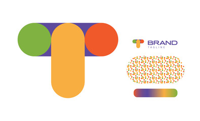 Bold Rounded Multicolored Font Logo Using Letter T for Nursery, Preschool, Playful fun Lettering, Business Brand with pattern and gradient using colours red, yellow, blue, green