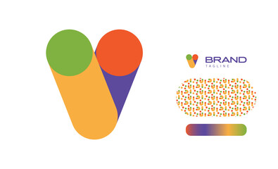 Bold Rounded Multicolored Font Logo Using Letter V for Nursery, Preschool, Playful fun Lettering, Business Brand with pattern and gradient using colours red, yellow, blue, green