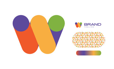 Bold Rounded Multicolored Font Logo Using Letter W for Nursery, Preschool, Playful fun Lettering, Business Brand with pattern and gradient using colours red, yellow, blue, green