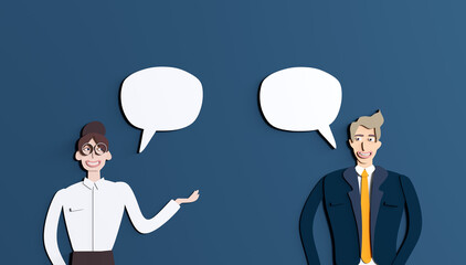3D rendering illustration paper cut effect design. Business people talking, negotiation and communication. 
