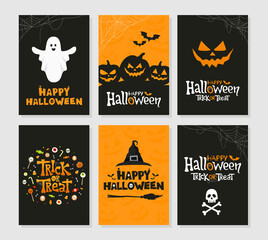 Vector set of Halloween poster designs. Holidays greeting cards or party invitations. Trick or Treat. Poster templates and handwritten lettering.