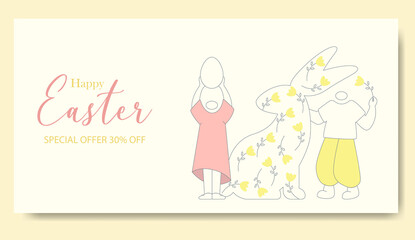 Happy Easter greeting card. Easter hunt minimalistic illustration characters banner. Sunday postcard, card, invitation, poster, banner template lettering typography. Seasons Greetings