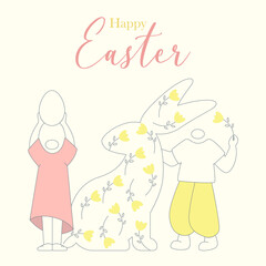 Happy Easter greeting card. Easter hunt minimalistic illustration characters. Vector illustration for trendy design, modern poster, template