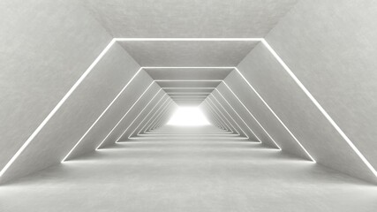 Illuminated corridor interior design concrete tunnel with destination bright light 3D rendering illustration