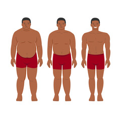 Black man weight loss. African American fat patient obese man and young healthy thin person. athletics and muscles. sports and fitness. flat cartoon vector illustration on a white background.