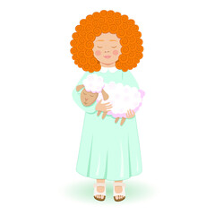 A sweet girl with a fluffy sheep. Vector illustration. Red orange hair.