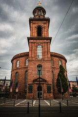 Morning view on the Pauls church with tram at the old town of Frankfurt city