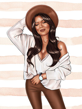 Beautiful Attractive Fall Fashion Girl in Beige colors with hat