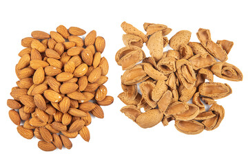 Delicious sweet almonds lie in a large heap, nuts close-up. Fresh nuts, almonds as a background.