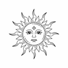 Celestial sun with face and opened eyes, stylized drawing, tarot card. Mystical element for design, logo, tattoo. Vector bohemian illustration isolated on white background.