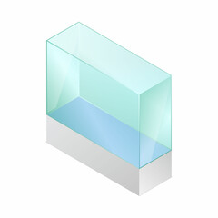 Isometric vector illustration empty glass cube isolated on white background. Realistic glass display box icon. Modern clear glass showcase. Transparent acrylic, plastic or plexiglass box for exhibit.