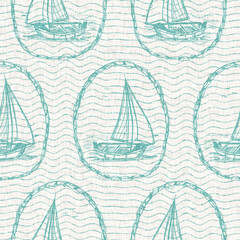Aegean teal sailboat linen nautical seamless background with wave texture. Summer coastal living style home decor. Marine sailing yacht regatta style. Turquoise blue dyed washed textile pattern.